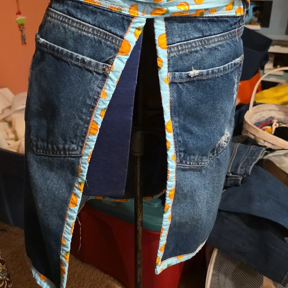Upcycled Apron Juice Cleans Oranges & Champagne Mimosa  Blue Denim Jeans